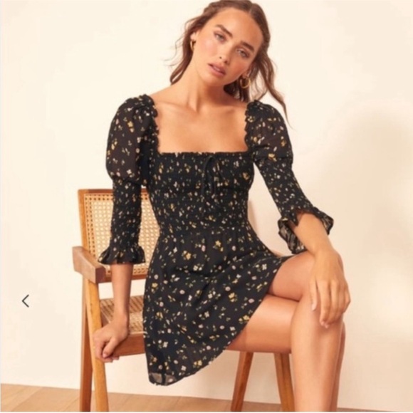 NEW Reformation LouLou Black Floral Mini Dress - Picture 3 of 6